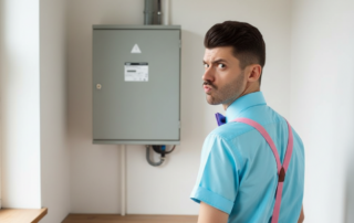 verbaasde man staat met een stroomstoring voor de meterkast