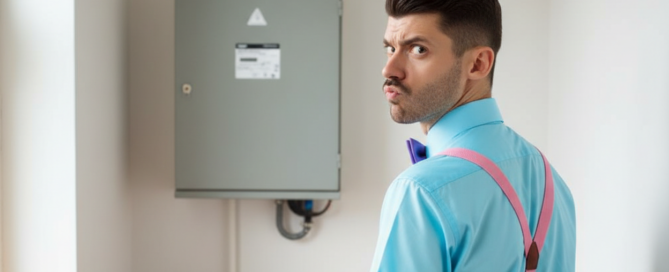 verbaasde man staat met een stroomstoring voor de meterkast